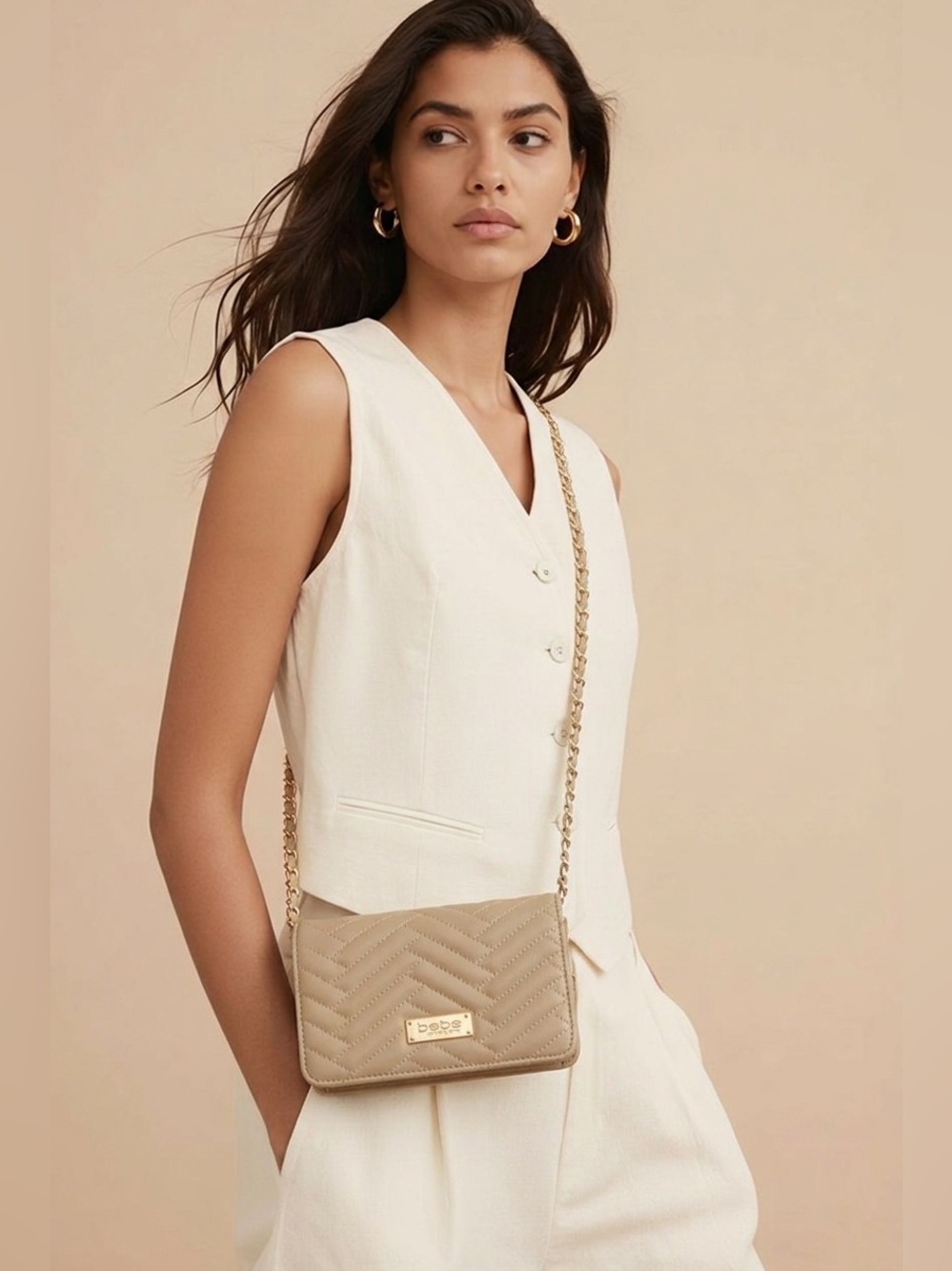 NWT BEBE Sofia Quilted Chain Crossbody Small Cream Purse Shoulder Bag